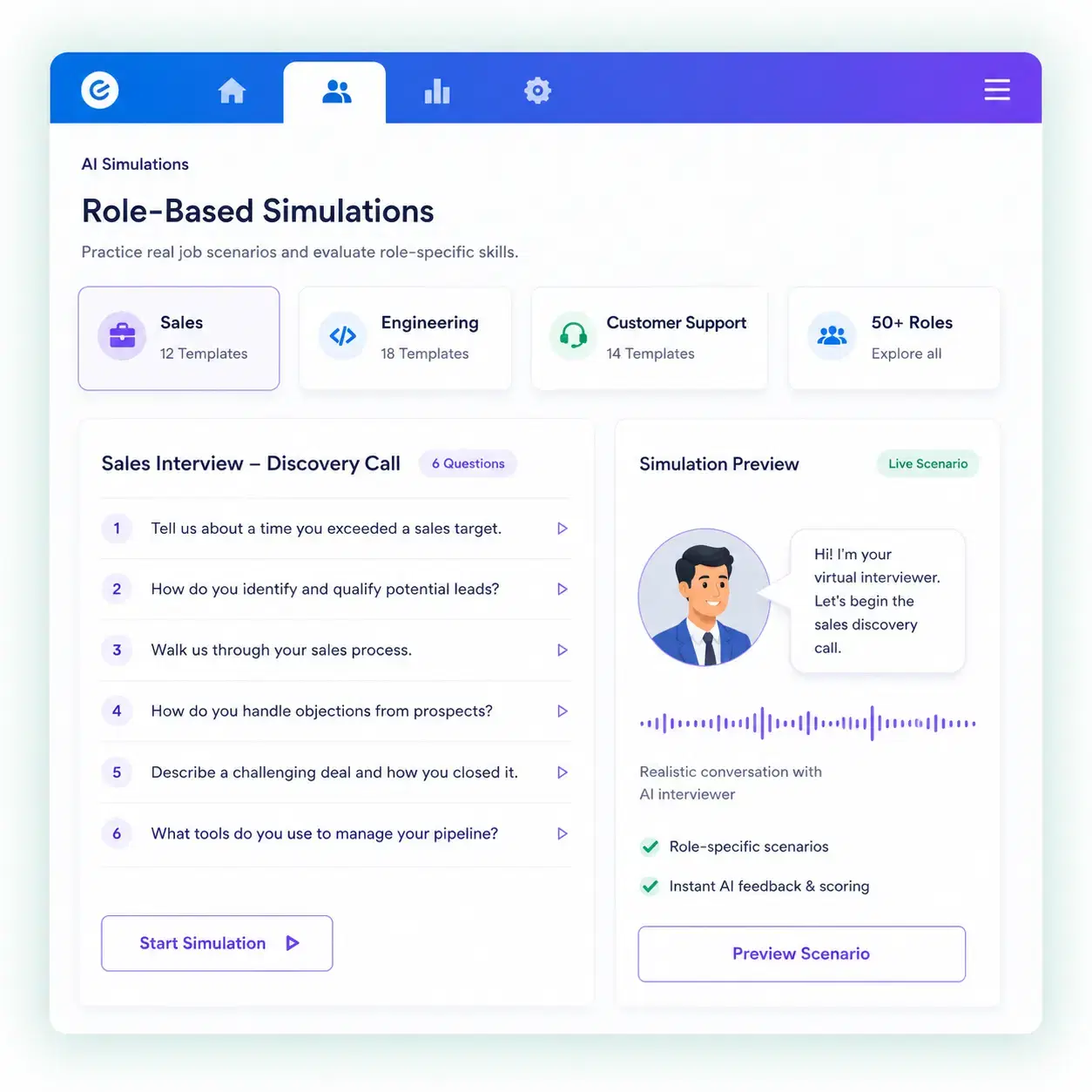 Candidate completing a role-specific AI simulation assessment